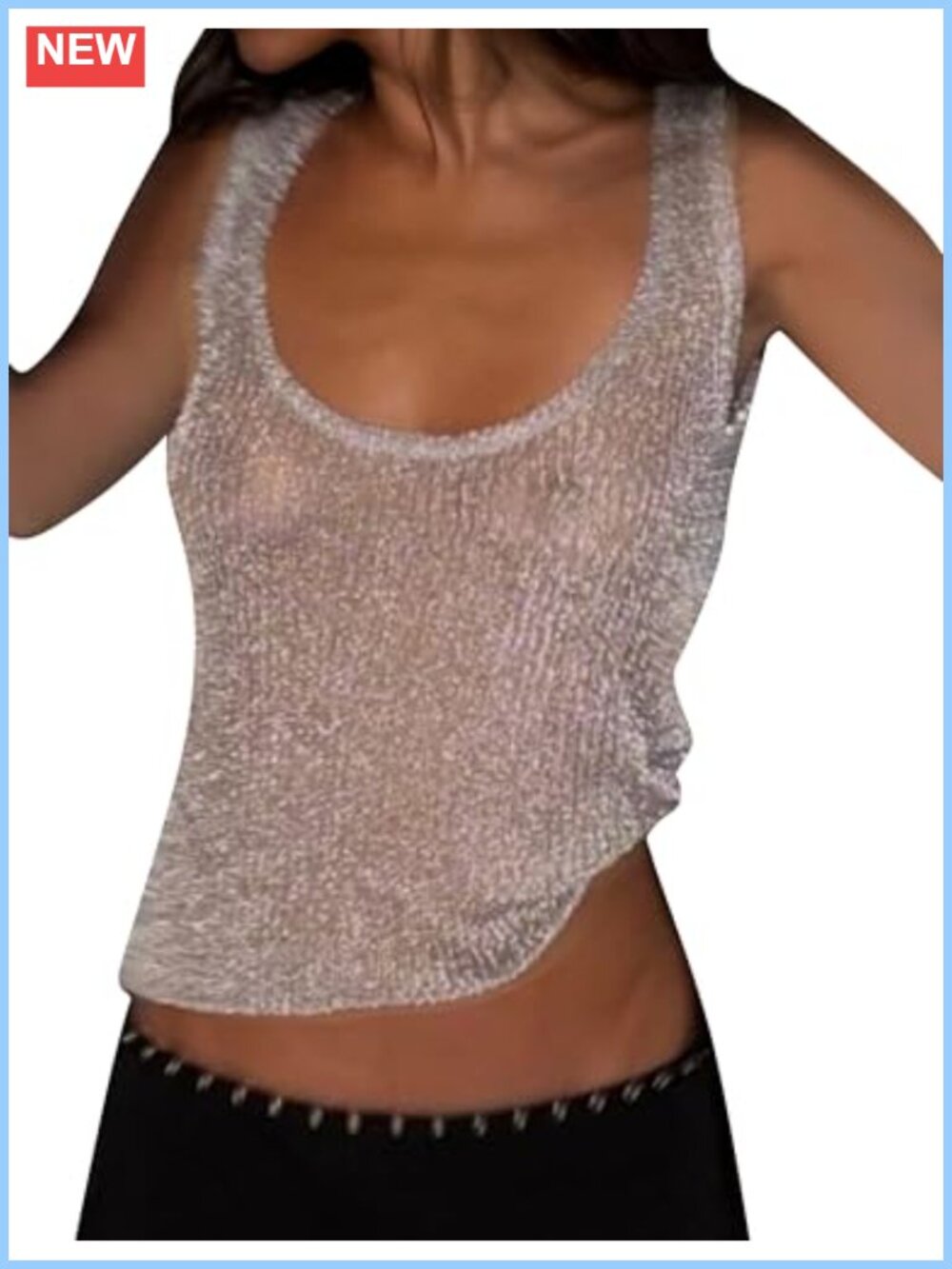 Sequin Fishnet Knit Crop Tank Top Sheer Mesh Sparkly Going Out Cami